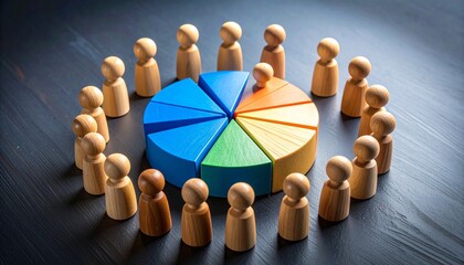 Wooden peg people in a circle surrounding a colorful wooden pie chart representing market share data analysis and team stakeholder collaboration