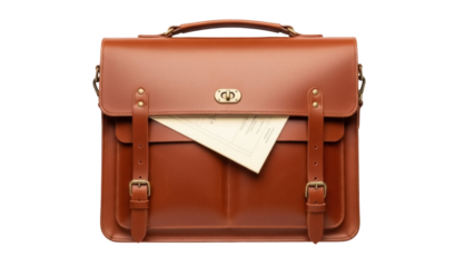 Isolated brown leather briefcase with a document, stylish classic office bag studio shot