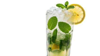 Isolated refreshing mojito cocktail with ice, mint leaves, and lemon garnish, summer vibe