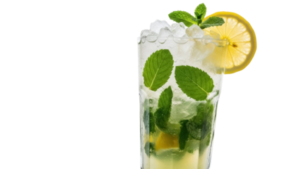Isolated refreshing mojito cocktail with ice, mint leaves, and lemon garnish, summer vibe