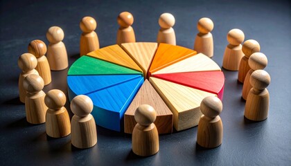 Wooden peg people in a circle surrounding a colorful wooden pie chart representing market share data analysis and team stakeholder collaboration