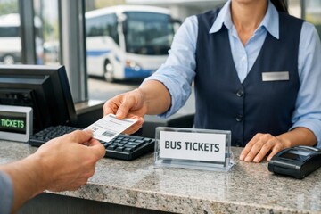 A female staff member hands over a bus ticket at a ticket counter, showcasing a friendly customer service interaction.