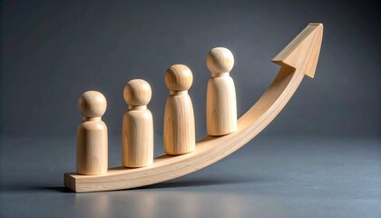 Wooden peg people standing on a rising wooden arrow representing career progression team growth and upward business momentum
