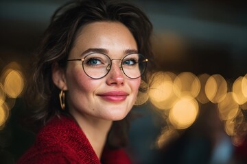 Smiling woman in ugly Christmas sweater.