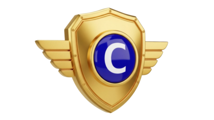 Isolated golden shield with a letter C on a blue badge, elegant, modern, and metallic
