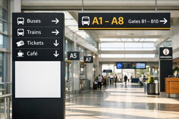 Fototapeta premium Spacious airport terminal with directional signage for buses, trains, and gates, showcasing a modern travel environment.