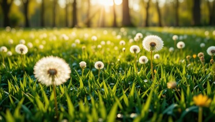 Flowers make a green field shine in the morning light with trees in the background Generative AI