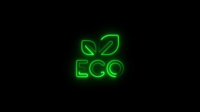 Green Neon Eco Logo With Leaves On Black Background