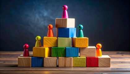 Colorful peg people on a wooden block pyramid with a leader at the top representing organizational hierarchy career success and leadership competition