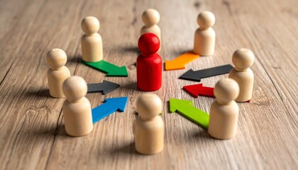 Central red peg person leader with colorful arrows pointing from team members representing leadership guidance and centralized business management