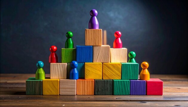 Colorful peg people on a wooden block pyramid with a leader at the top representing organizational hierarchy career success and leadership competition