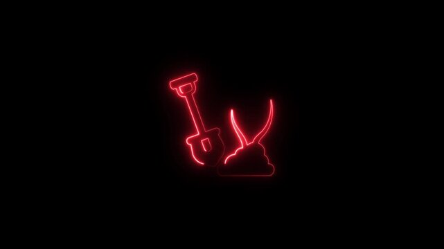 Red neon shovel digging dirt icon on black background Keywords: shovel, digging, dirt, soil