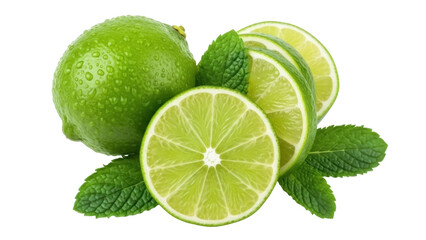 Isolated ripe limes and fresh mint leaves for mojito cocktail or refreshing drink