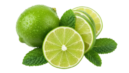Isolated ripe limes and fresh mint leaves for mojito cocktail or refreshing drink