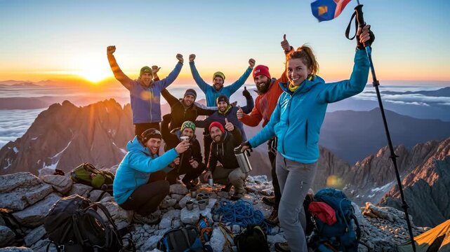 Climbers Celebrating Summit Victory After Group Adventure