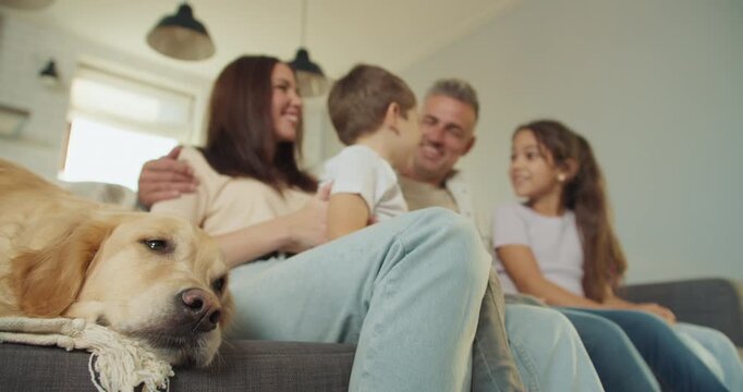 Parents and children share warmth, Cozy family scene with lovable dog