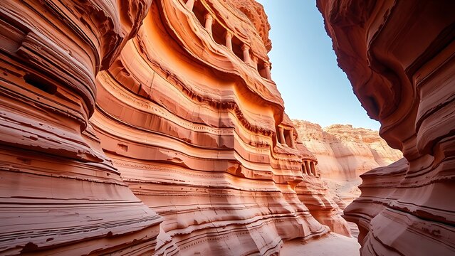 dunite. Stepped rock layers in a canyon wall, desert landscape. travel magazines, destination branding, wall prints, designed for outdoor magazines and nature guides, used by graphic designers.