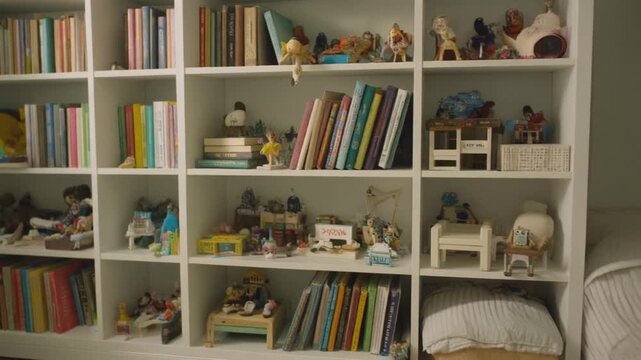 Cozy home library with books and toys on white shelves