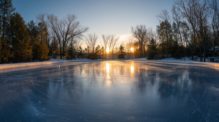 朝焼けに輝く屋外スケートリンク