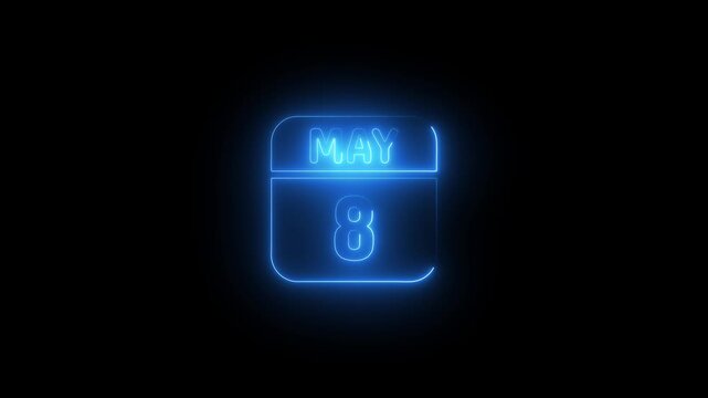 Blue Neon Calendar Showing May 8th on Black Background