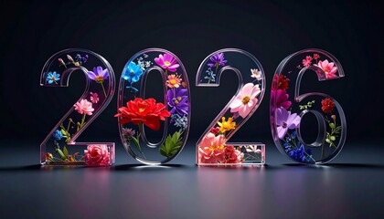 Large 3D glass numbers for 2026 filled with colorful flowers on a dark reflective background representing future growth and new beginnings