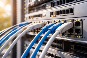 Close-up of network cables connected to a server rack, showcasing blue and gray cables in a data center environment.