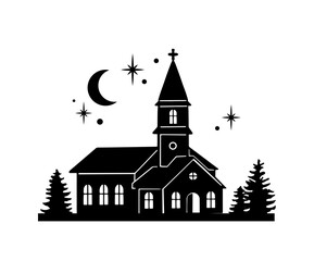 Beautiful church vector silhouette. Winter church on white background. church with trees. Christmas crafts and festive illustration.