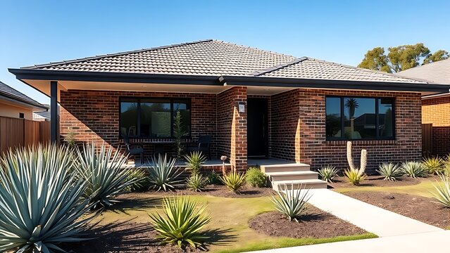 veranda. Modern Australian suburban brick home with veranda and native garden under clear blue sky, real-estate listings.