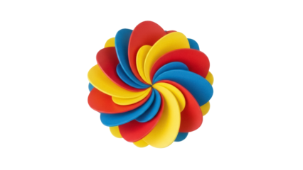 Isolated Pinwheel Design with Red, Yellow and Blue Petals Spinning in a Rotating Pattern