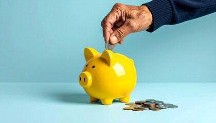 Person in blue shirt putting a coin into a yellow piggy bank on a light blue background representing personal savings and financial management
