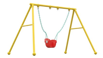 Isolated yellow metal A-frame swing set with red baby swing, park activity for kids outdoor