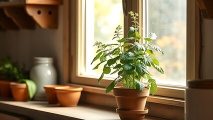 lovage. A potted lovage plant on a sunny windowsill in a rustic kitchen, warm and inviting atmosphere. gardening catalogs, home-decor guides, designed for home decor and floral branding.