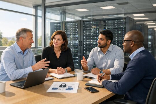 A diverse group of professionals engaged in a cybersecurity discussion in a modern office setting, showcasing teamwork and collaboration. - Powered by Adobe