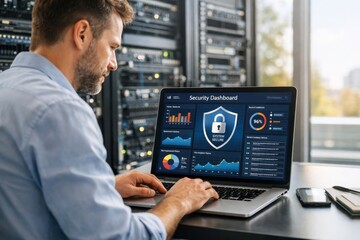 A focused adult male analyzing a security dashboard on a laptop, with data servers in the background, showcasing cybersecurity metrics.