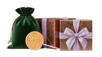 Isolated gift boxes wrapped with bows and bag with candy, present giving for celebration