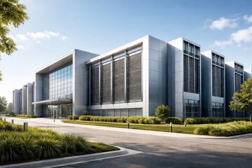 Obraz premium Sleek modern corporate building showcasing a minimalist design with glass and metal elements, surrounded by lush greenery.
