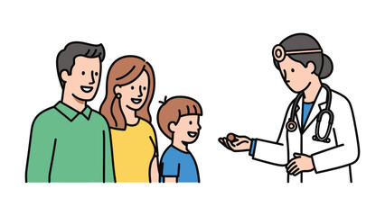 Family Consultation: In a warm medical office, a caring doctor engages in a vital consultation with a family, offering reassurance and guidance, creating a scene of trust and attentive healthcare.