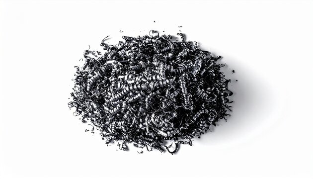 Large pile of dark metal shavings on a white background representing industrial manufacturing metalwork waste and material recycling