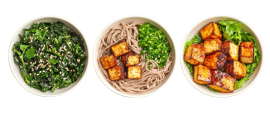 Japanese weight-loss bowls with soba noodles leafy greens and healthy toppings on transparent background