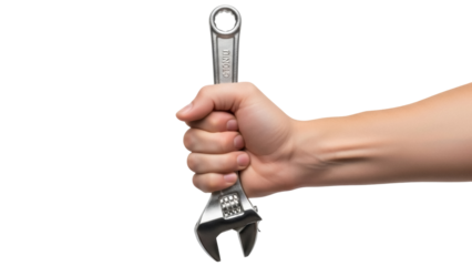 Isolated hand holding an adjustable wrench, handyman grip tool, service repair work