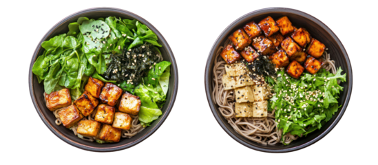 Japanese weight-loss bowls with soba noodles leafy greens and healthy toppings on transparent background