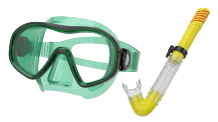 Isolated snorkel set with yellow and green mask for snorkeling and scuba diving trips