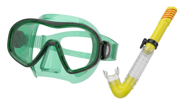 Isolated snorkel set with yellow and green mask for snorkeling and scuba diving trips