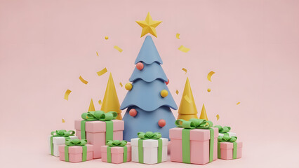 Obraz premium 3D Christmas Background with Blue Pine Tree Golden Star and Pink Gift Boxes with Green Ribbons and Gold Confetti on Pastel Pink Backdrop for Holiday Sale and Greeting Card