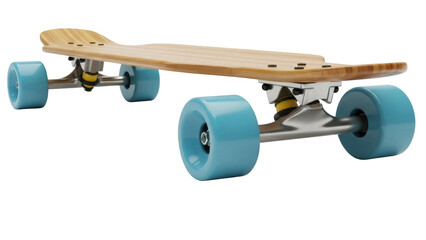 Isolated wooden skateboard with blue wheels for cruising outdoors down the street sidewalk © Agata
