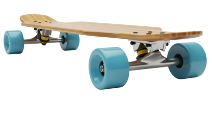 Isolated wooden skateboard with blue wheels for cruising outdoors down the street sidewalk