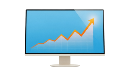 Isolated computer monitor displays chart with upward trending arrow indicating success