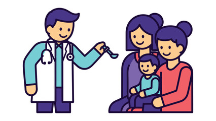 Family Health: A doctor interacts with a family, offering care and support in a friendly medical setting, embodying health and wellness.
