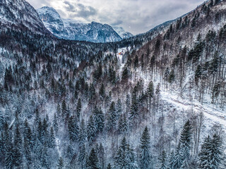 Winter magic in the Julian Alps. Lake Predil seen from above. Between snow and ice.