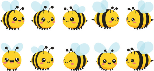 Cute cartoon bee character vector set with smiling expressions and flying poses, adorable insect illustration collection for kids, nature, and design